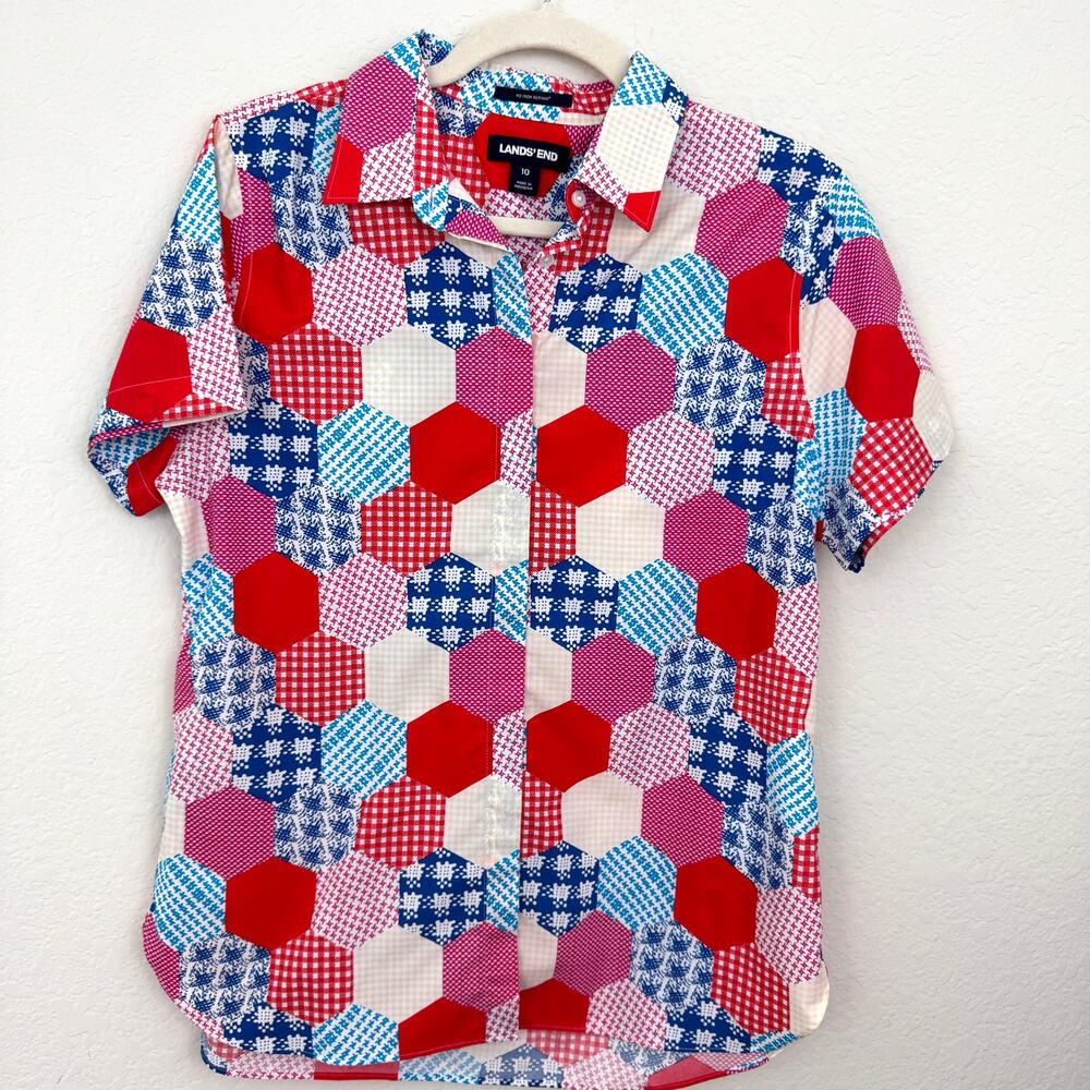 Lands End Womens No Iron Supima Button Shirt Size 10 Short Sleeve Cotton Country